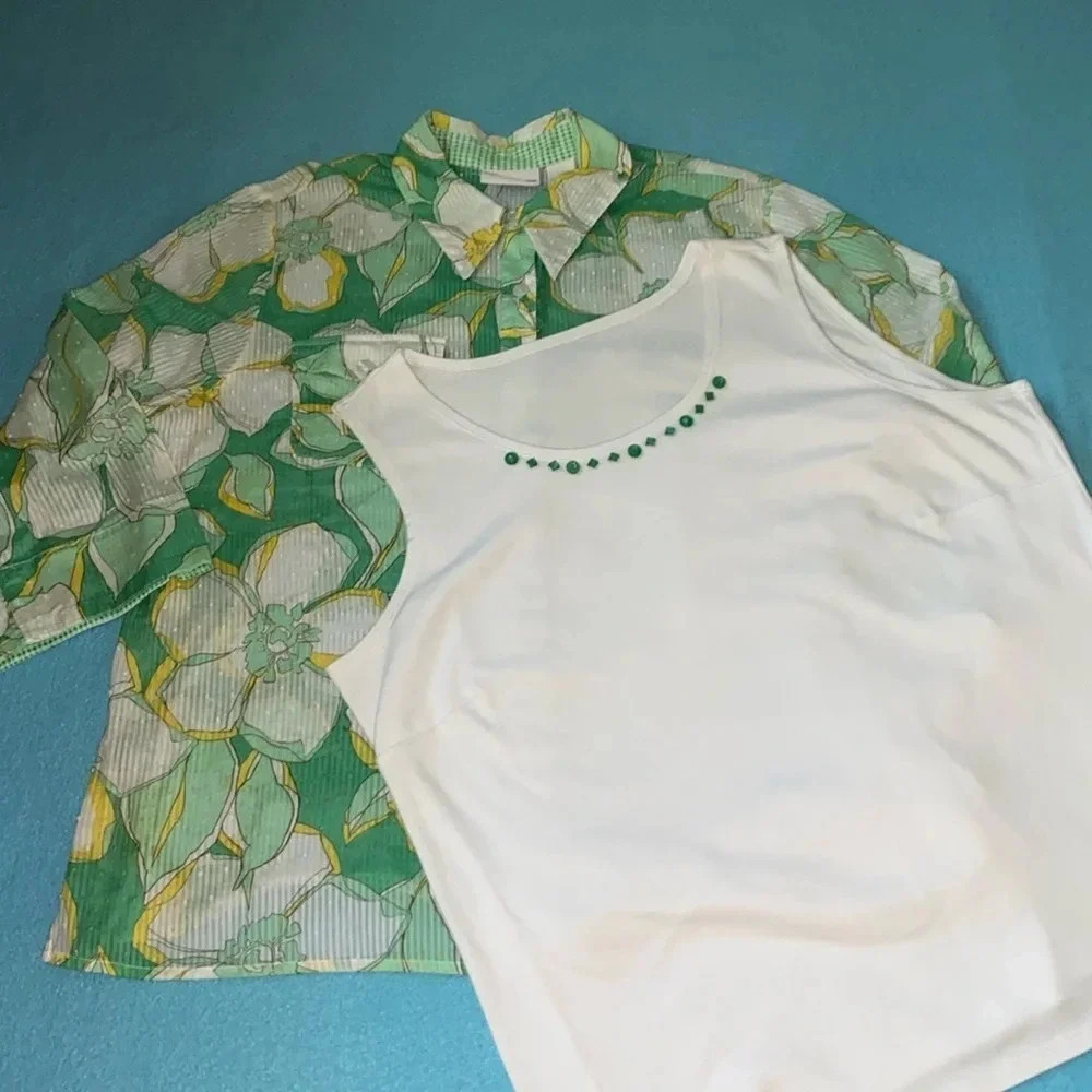 ALFRED DUNNER 2pc set floral button up and embellished tank top NEW size 18